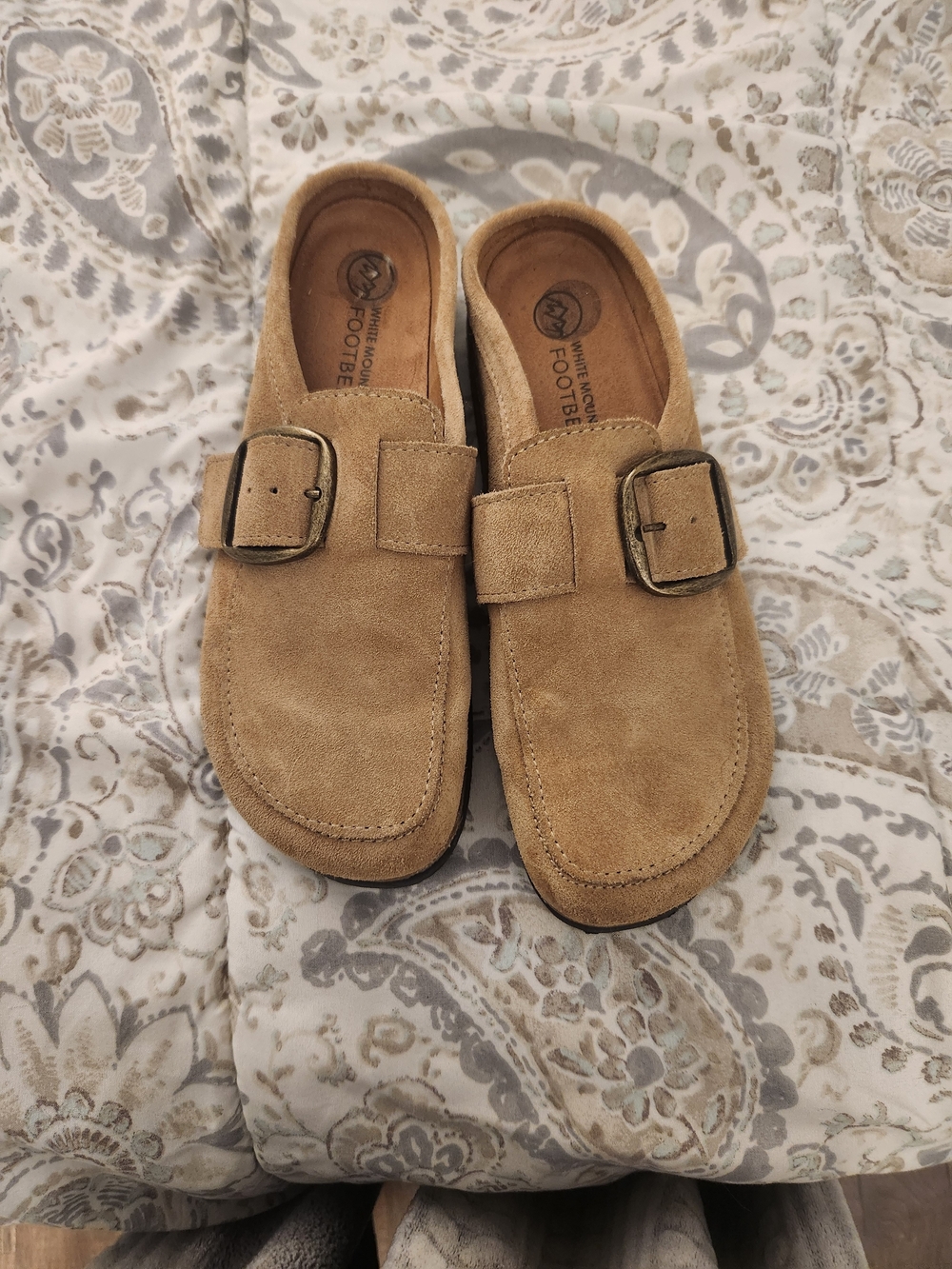 White Mountain Tan Suede Buckle Mules